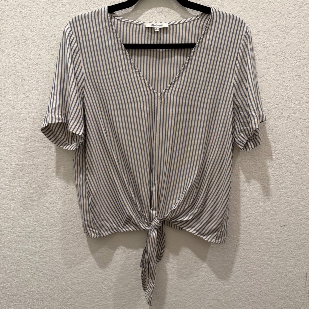 Madewell Blue White Striped Tie Front V-Neck Short Sleeve Blouse Top Medium